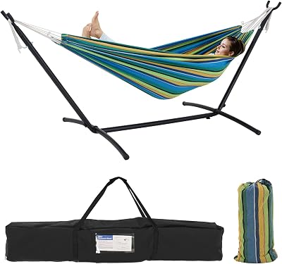 Double Hammock with Stand Included 450lb Capacity Space Saving Steel Stand,Premium Carry Bag Included,Suit for Outside,Indoor,Yard,CampingVigor Green.