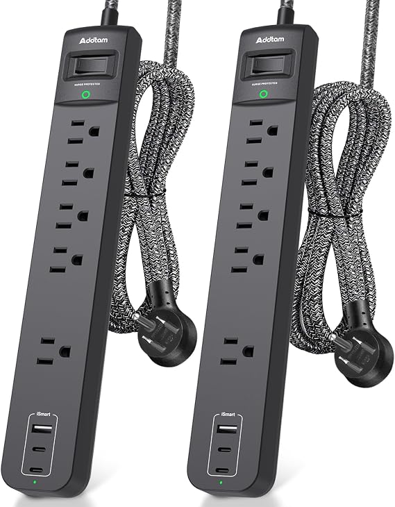 2 Pack Power Strip Surge Protector - 5 Widely Spaced Outlets 3 USB, 6Ft