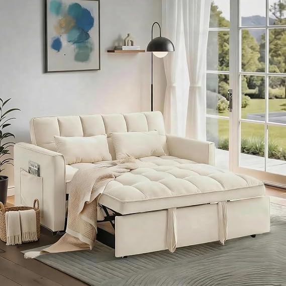 Convertible Sofa Bed, Pull Out Couch with Side Pockets, 3 in 1 Velvet Fabric Loveseat Sleeper Sofa Bed, Pull Out Couch with Adjustable Backrest for Living Room, Bedroom, Apartment, White