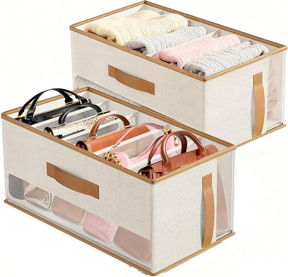 2 Packs Purse Organizers Closet and Foldable Closet Organizers with Dividers, Linen Fabric With Handles, Multifunctional Wardrobe organizer for Bag,Pant, Sweater, T-shirt, Scarf, Beige