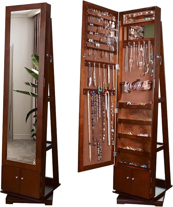 Jewelry Cabinet with Full-Length Mirror, Jewelry Cabinet Standing, Mirror with Storage, Lockable Storage, 360 Swivel