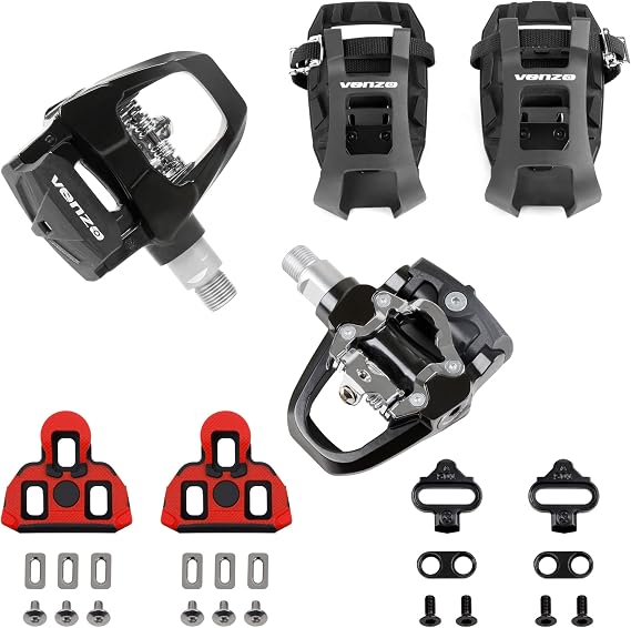 Venzo Compatible with Shimano SPD-SL & Shimano SPD System for Indoor Fitness Exercise Bike Bicycle Pedals & Cleats with 9/16" Heavy Duty Spindles Sealed Bearing