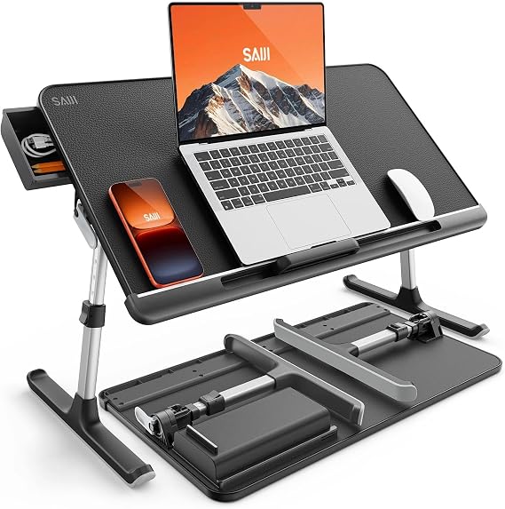 SAIJI Laptop Bed Tray Table - Adjustable Lap Desk for Couch (Dark Black) | Fits 17" Laptop, Work From Home & Dorm Study, with Storage Drawer & PVC Leather