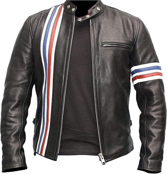 Mens Vintage Cafe Racer Easy Motorcycle Rider American Star USA Flag Biker Black Leather Jacket