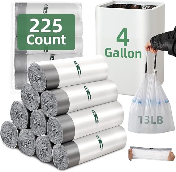 4 Gallon Small Trash Bags 225 Counts Extra Strong Drawstring Bathroom Trash Bags Small Garbage Bags Clear Trash Bag for Bathroom Bedroom Office Kitchen Trash Can