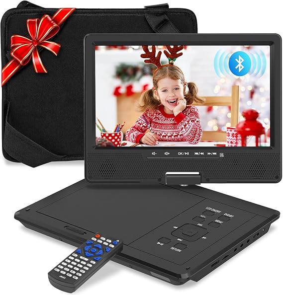 HotHat Bluetooth Headrest DVD Player, Portable with 10.1" Swivel Screen | 5-Hour Rechargeable Battery, Support USB/SD, Sync TV, Region-Free, Wired+BT Earphones, Headrest Mount for Car/Kids