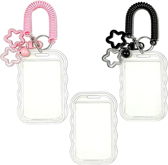 Star Wave Photocard Holder Keychain, Clear Kpop PC Holder for Photo Card Protection, Transparent ID Badge Cover for Bus Pass Student and Anime Fans with 1 Card Sleeve (Black Pink)