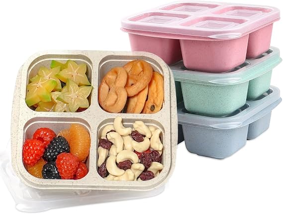 4 Pack Snack Boxes, 4 Compartment Meal Prep Containers, Reusable Meal Prep Lunch Containers Leakproof for Kids Adults, BPA Free, Microwave - (Pink/Blue/Green/Beige)