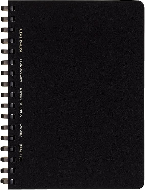Kokuyo Spiral Graph Notebook, 5.8'' x 4.1'' Business Journal A6 Soft Ring Notebooks with 5mm Grid Ruled, 70 Perforated Sheets, Black 1 Subject Notebook, Note Taking for Work.Japan Import(SU-SV457S5-D)