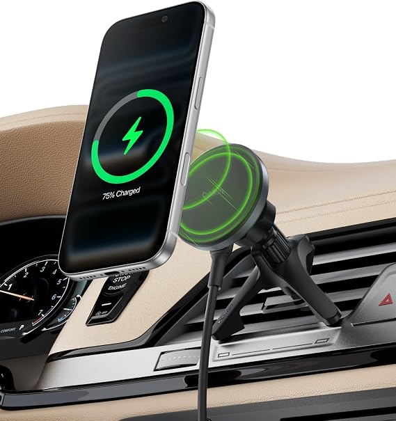 Belkin Wireless Car Charger, Magnetic Car Vent Mount w/ 3.3ft USB C Cable, Qi2 MagSafe Compatible Fast Charging iPhone Charger for iPhone 17, Galaxy S26, Pixel 10, More - Travel Accessories - Black