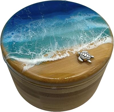 Ocean Resin Art Bamboo Salt Box, Salt Cellar, Bath Salt Container, Storage Box, Herb, Salt, Pepper, Sugar, Spices Storage Box with Magnetic Swivel Lid, Spoon and Turtle Charm