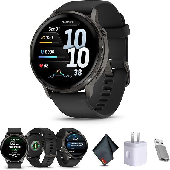 Garmin Venu 4 Smartwatch AMOLED 45mm (Slate/Black) Fitness Bundle