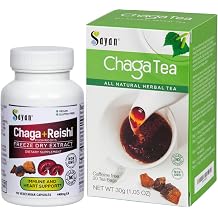Sayan Siberian Chaga Mushroom Extract & Organic Reishi 90 Vegetarian Capsules and 20 Chaga Tea Bag Box - Wild-Harvested Dietary Supplement for Immune System Support + Natural Energy Boost
