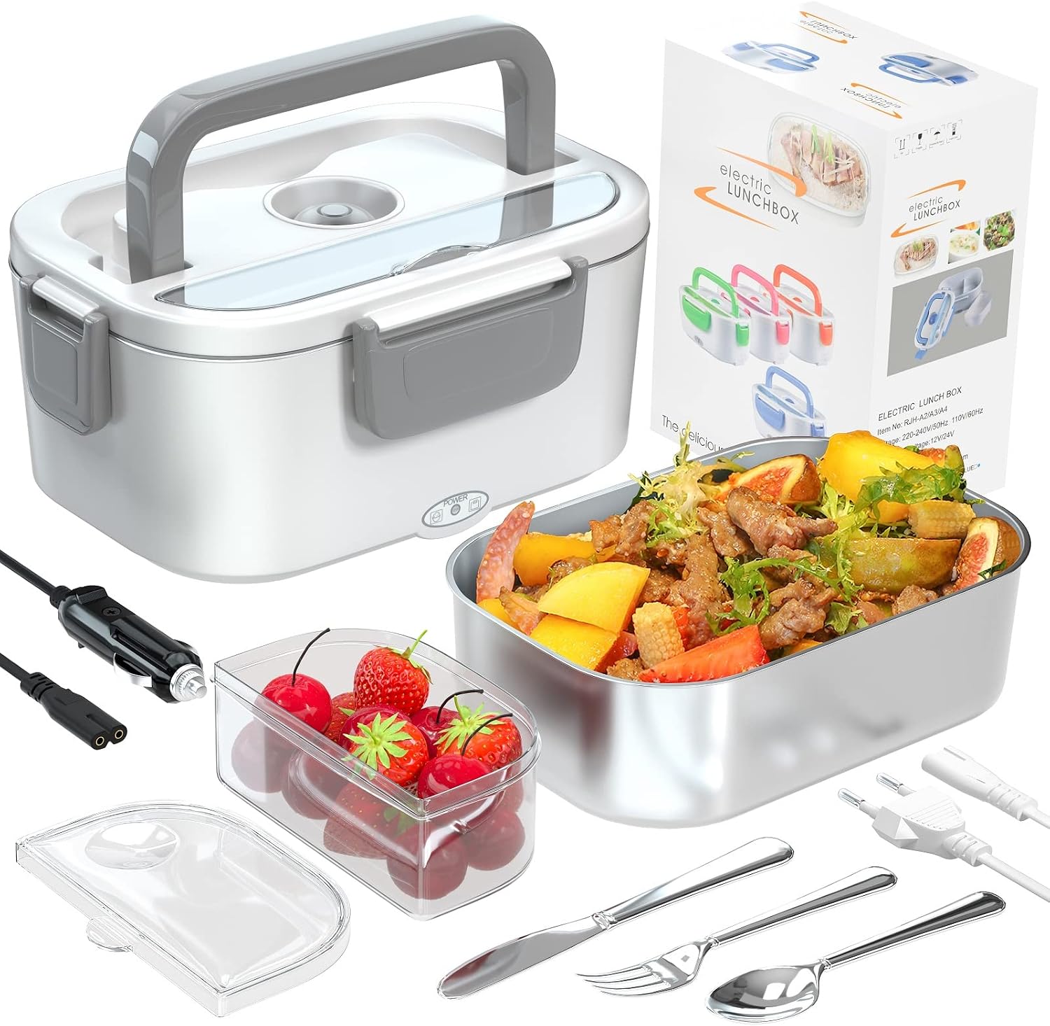 Adocfan Electric Lunch Box Food Heater 100W,3 in 1 Portable Heated Lunch Box for Car Truck Home Work Adults Food Heating,1.5L Removable Stainless Steel Container,110V12V24V（No Bag