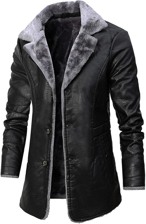 Maiyifu-GJ Mens Faux PU Leather Vintage Jacket Fleece Sherpa Lined Long Trench Coats Fur Collar Windbreaker Overcoat