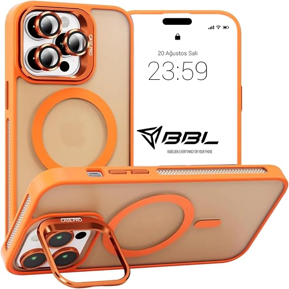 Babilden iPhone 16 Pro Max İçin Kılıf Kamera Korumalı Magsafe İle Uyumlu Kablosuz Şarj Özellikli Mat Şeffaf Renkli Standlı Lens Hediyeli Telefon Kılıfı (Turuncu)