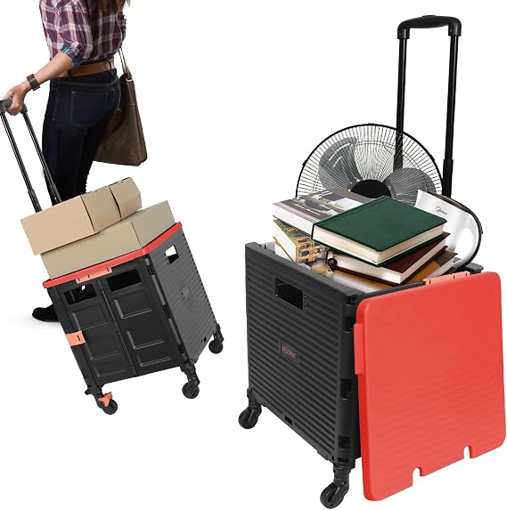 Rolling Crate Utility Cart Collapsible Tote Basket Teacher Cart with Lid Wear-Resistant Noiseless 360Rotate Wheel Telescoping Handle for Trave Moving Luggage Use(Red,110lbs)