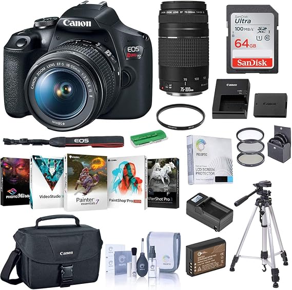 Canon EOS Rebel T7 DSLR Camera with EF-S 18-55mm f/3.5-5.6 is II and EF 75-300mm III Lens - Bundle with 64GB SDXC Card, 58mm Filter Kit, Tripod, Spare Battery, Software Pack, More