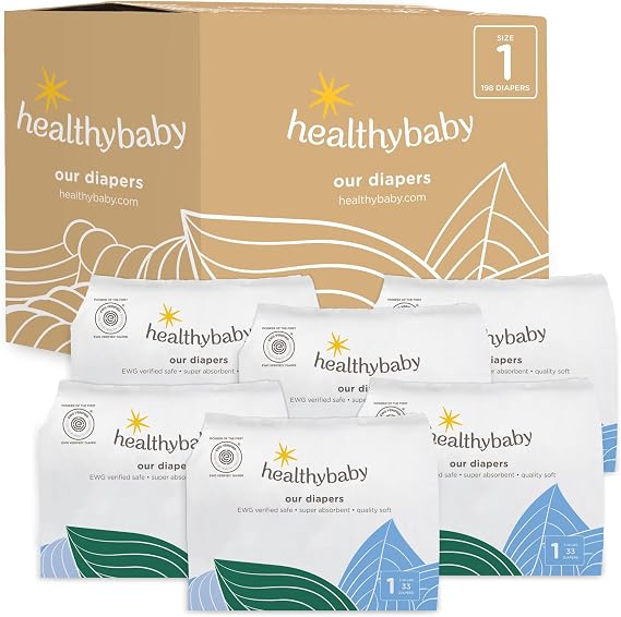 HealthyBaby Non-Toxic Diapers for Sensitive Skin - Size 1, 198 Count | EWG Verified & Microbiome-Friendly. Made with organic cotton & plant-derived materials. 12-hour leak protection. TCF.