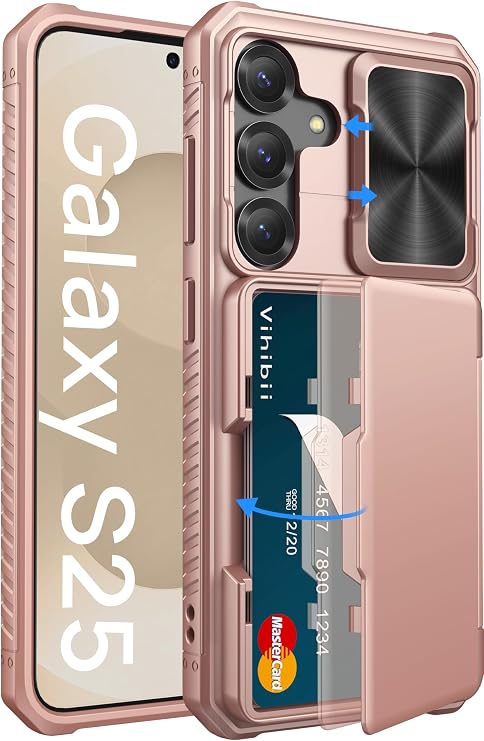 Vihibii for Samsung Galaxy S25 Case Wallet, Card Holder (4 Cards) Rose Gold