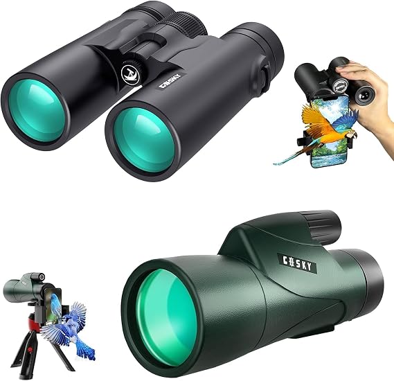 Gosky 10x42 HD Binoculars for Adults (1 Pack) and Gosky Piper 12x55 Monoculars (1 Pack) with Universal Phone Adapter - High Power Telescopes for Bird Watching Safari Wildlife Scenery