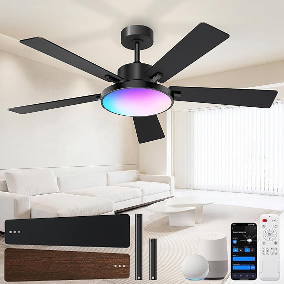 RGBCW Smart 52" 2600LM LED Ceiling Fan Light with Remote, Black