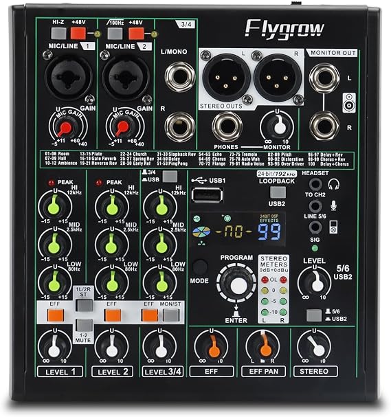 6 Channel Audio Mixer DJ Mixer Sound Board, RGB Breathing Light, 99 DSP Effects, USB Audio Interface, +48V Phantom Bluetooth, High Resolution with 24bit/192kHz for Live Streaming