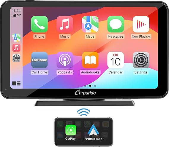 Carpuride W701, Carpuride 7 inch Portable Wireless Carplay & Android Auto, IPS Touchscreen, Bluetooth 5.0 Audio Hands Free Calling/Mirror Link/GPS/Siri/Mic, Dash Windshield Mounted