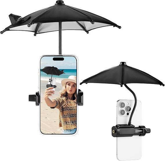 OUTXE Strong Clip Phone Umbrella for Sun | Mini Tanning Shade Cover for Cell iPhone/Android (Black) (1-Pack)