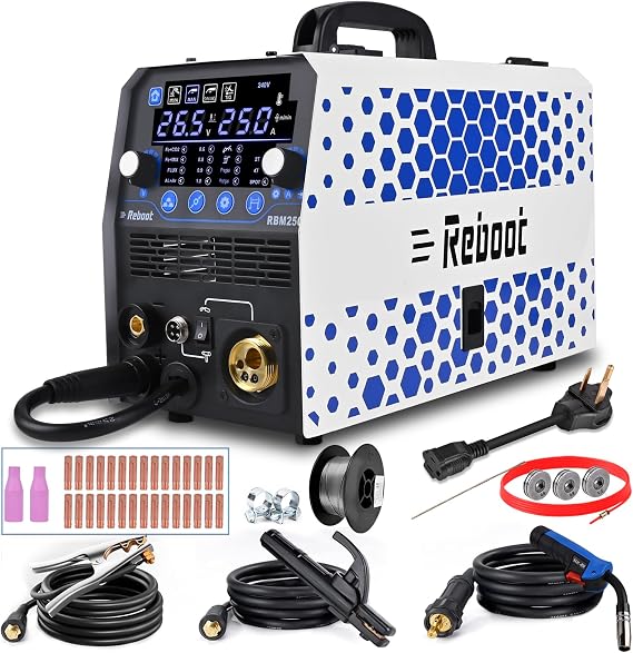 Reboot MIG Welder, 250Amp 6 in 1 Gas/Gasless Flux Core MIG/Stick/Lift TIG/Spot welding/Spool Gun 120V/240V Aluminum Multi Process Welding Machine Large LED Digital Display with Teflon Liner