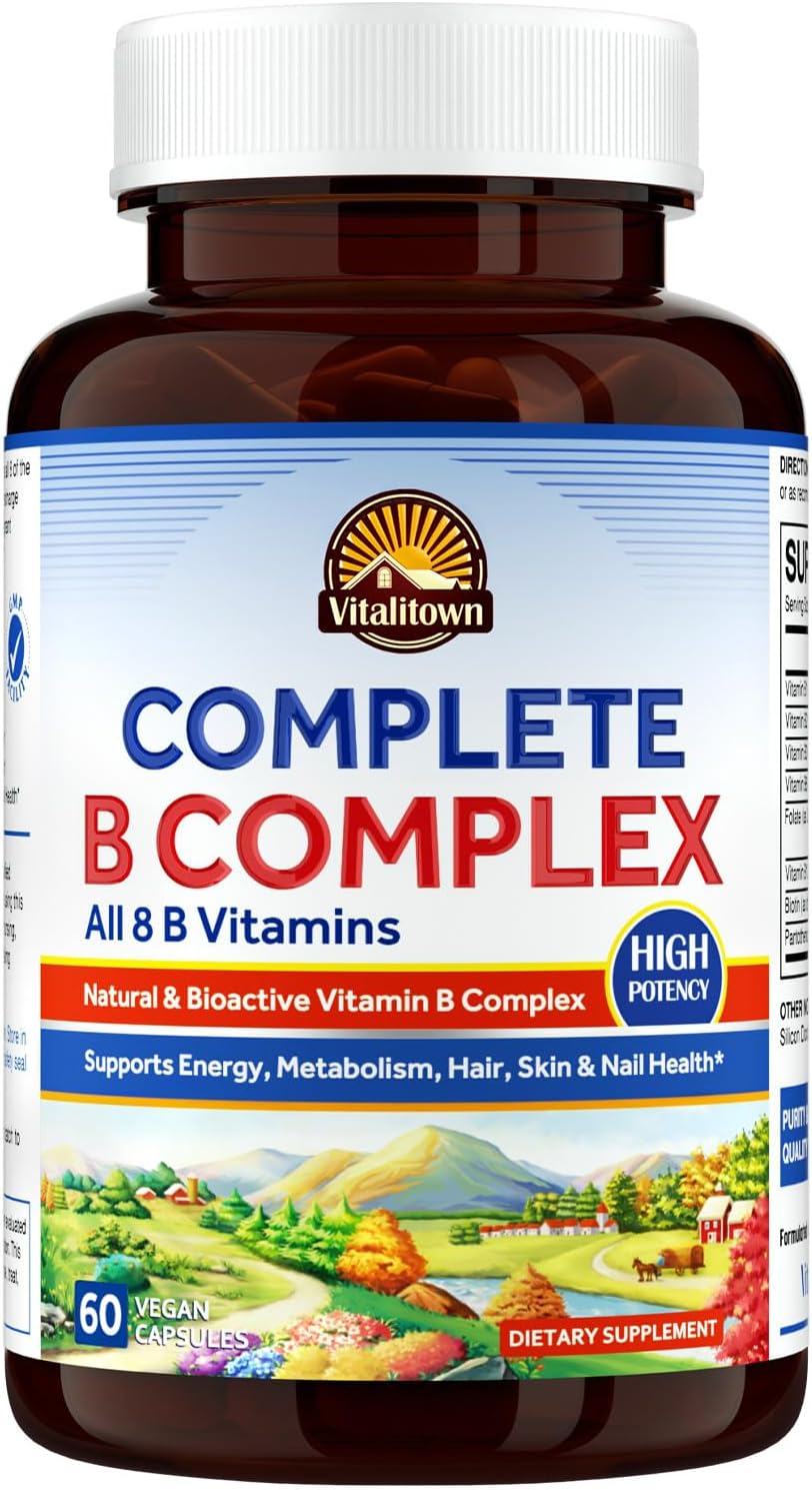 VITALITOWN Vitamin B Complex, Methylated B12, P-5-P, Biotin, Folate as L-5-MTHF, Complete 8 B Vitamins, Energy Booster, Hair, Nail & Skin Health Support, Vegan, Non-GMO, 60 Capsules