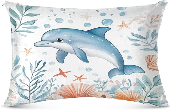 Dolphin Seashells Blue Pillowcase for Hair and Skin Body Pillow Case Queen Size 20"X 30" Flannel Pillowcases with Zipper for Sleeping