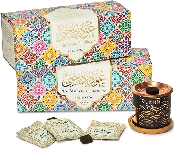 Oud Bakhoor Variety Box with Burner & Refill Box by Dukhni | Set of 2 | Authentic Arabic Bakhoor Incense | Gift Set & Starter Kit | Luxurious Long-Lasting Assorted Fragrances |