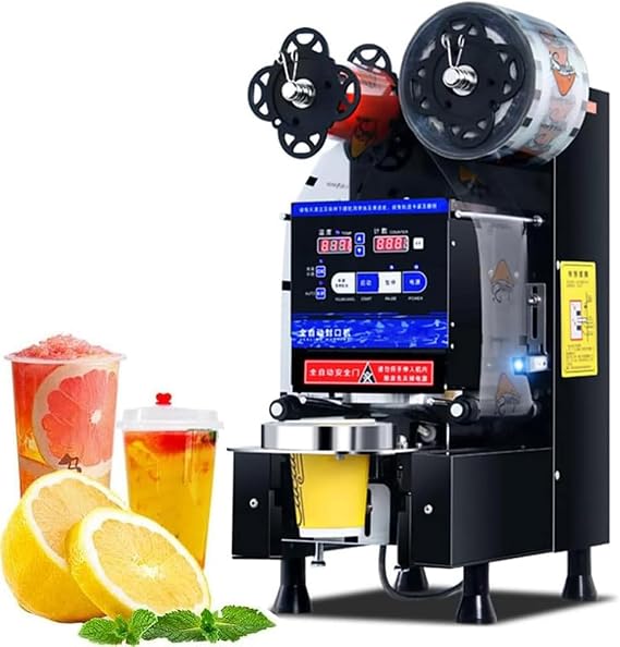 Paper and Plastic,90/95MM Full Automatic Cup Sealer Machine,Bubble Tea/Milk Tea/Juice/Drink Sealing Machine with Digital Control LED Panel,for PP PE PC Cup Sealing, 600-800 Cups/H,Black