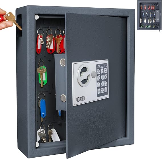 40 Keys Cabinet with Digital Lock - Electronic Key Safe, Steel Lock Box with Drop Slot for Key Returns and Safe Storage - Wall Mountable Key Lock Box with Bolts, Key Tags (Dark Grey)