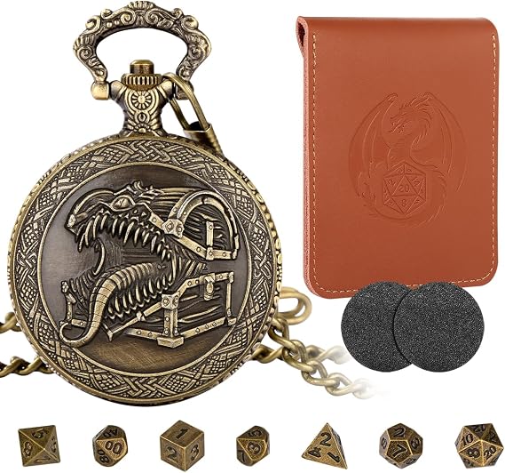 Bronze DND Mimic Monster Dice Set, DND DM Accessories, Metal Mini Dice Gift | Steampunk Mini DND Dice Set, DND Starter Set, Leather Dragon Dice Bag, TRPG Accessories, Fantasy Gifts for D&D Fans Player