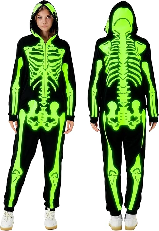 Wish Care Adult Women Glow in the Dark Skeleton Costume, Zip Up Hooded Mens Skeleton Onesie Jumpsuit for Halloween Costume
