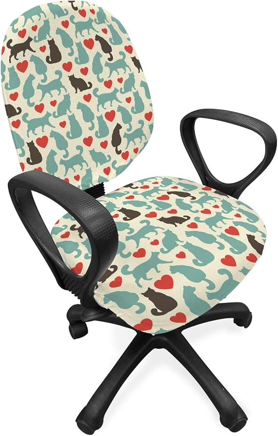 Lunarable Cat Office Chair Slipcover, Pattern with Cats Hearts Happy Walking Shape Kitty Domestic Animal Pets, Protective Stretch Decorative Fabric Cover, Turquoise Red Dark Taupe