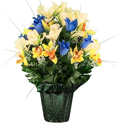 Welcome Logo Flowers Graveside Flowers in Weighted Pot,Blue Tulips Yellow Orchids and Cream Iris Potted Flower Cemetery Arrangement for Grave