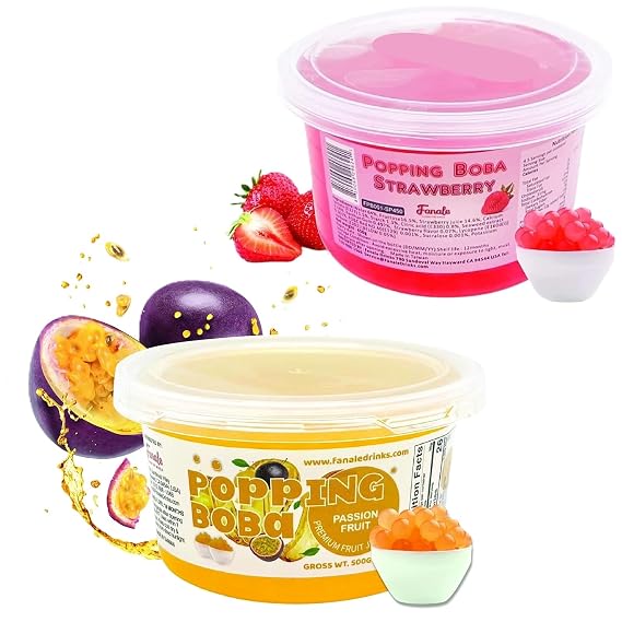 Fanale Popping Boba Pearls for Bubble Tea - 2 lb (1 lb X 2) | Strawberry & Passion Fruit | Bursting Boba Pearls Bubble 450g X 2 | Fruit Juice Flavor for Shakes, Dessert, Smoothie | FPB001/005-SP500
