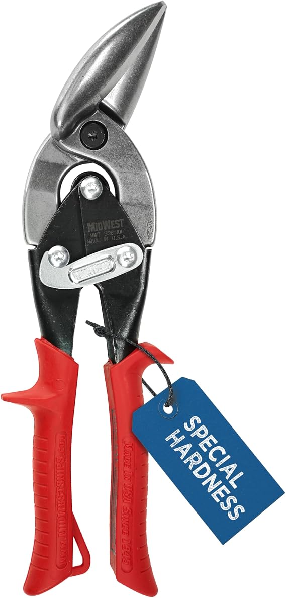 MIDWEST Special Hardness Aviation Snips, Left Cut Offset | Made in USA, Stainless Steel Cutting Shears, Pinch-Thru-Point Cuts, Kush'N-Power Grips - MWT-SS6510L