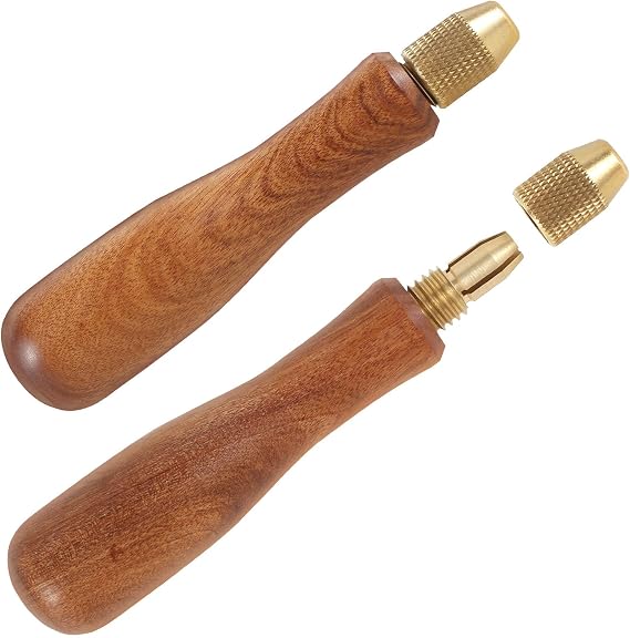 2Pcs Wood File Handle Hand Drill File Handle with Brass Collet Chuck Wooden Handle for Ergonomic Screwdriver Hand Drill Handle for Woodworking Metal Jewelry Model Engineering QUZHEMA