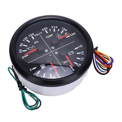 4 in 1 Multifunction Gauge Voltmeter, Fuel Level Oil Pressure Water Temp Gauge, Ideal for RV Boat Truck Black Dial Black Bezel