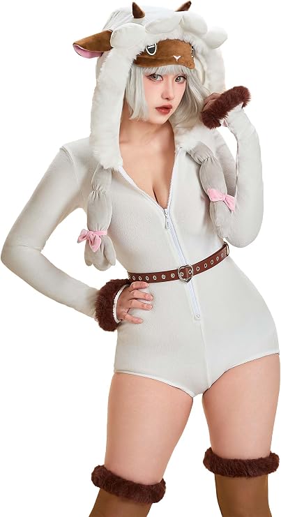 Mobbunny Women Anime Derivative Cosplay Costume Cute Cartoon Fluffy Romper Onesie Pajama Sheep Hooded Bodysuit