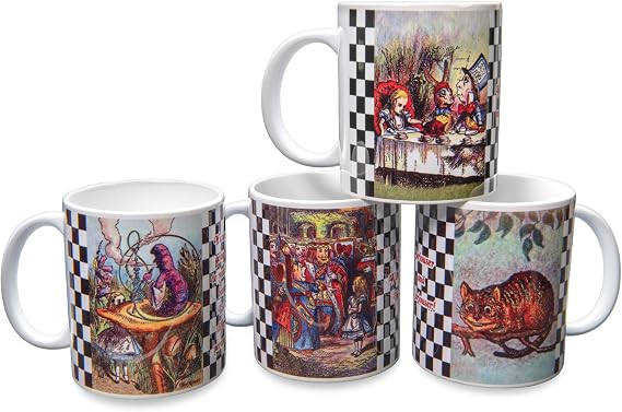 NoMonet Alice in Wonderland Coffee Tea Mug Set (4) - Mad Hatter, Red Queen, Cheshire Cat, Alice in Garden, Caterpillar - Sip from the Cup of Whimsy!