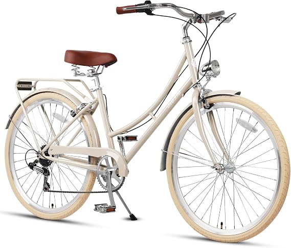 AVASTAAshley Women's City Bicycle, Stylish Mama Bicycle for High School and University, Commuting, 26 Inches, Shimano 6-Speed Shift Gears, LED Light, Rear Carrier, Cream & Cream Tires