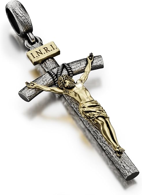 Catholic Crucifix Necklace for Men and Women, Jesus Pendant | Wood-grain Jesus crucifix with rope detail; necklace and pendant-only options in 3 sizes, gold, silver, or silver-gold tones
