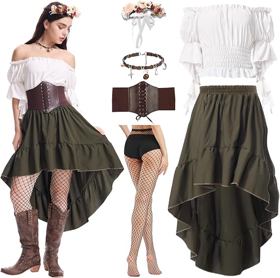 Renaissance Costume Women Medieval Victorian Pirate Dress Skirt Blouse Waistband Halloween Pirate Cosplay