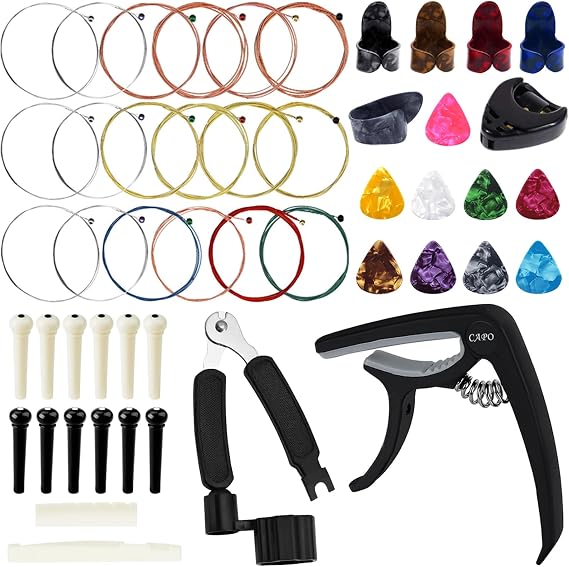 Benvo Ultimate Acoustic Guitar Accessory Kit | Must-Have Guitar Tools with Capo, Premium Strings, Picks, String Winder, Bone Nut & Saddle, Bridge Pins & Pin Puller