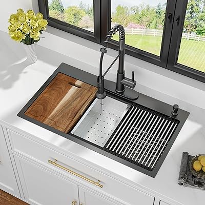 33 Black Drop In Kitchen Sink Workstation - Kichae 33x19 Drop In Kitchen Sink Black Stainless Steel Topmount 16 Gauge Deep Single Bowl Basin Round Corner